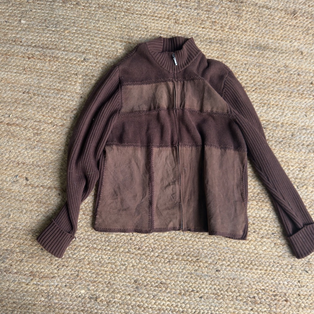 Evan-Picone Brown Ribbed Knit Full Zip Leather Panel Cardigan Sweater M Fall